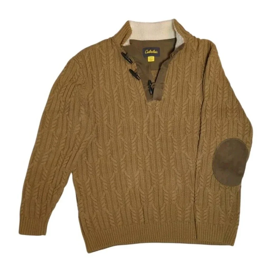 Cabela's Mens‎ XL Cable Fisherman Knit Sweater Toggle Buttons Elbow Patchs Heavy